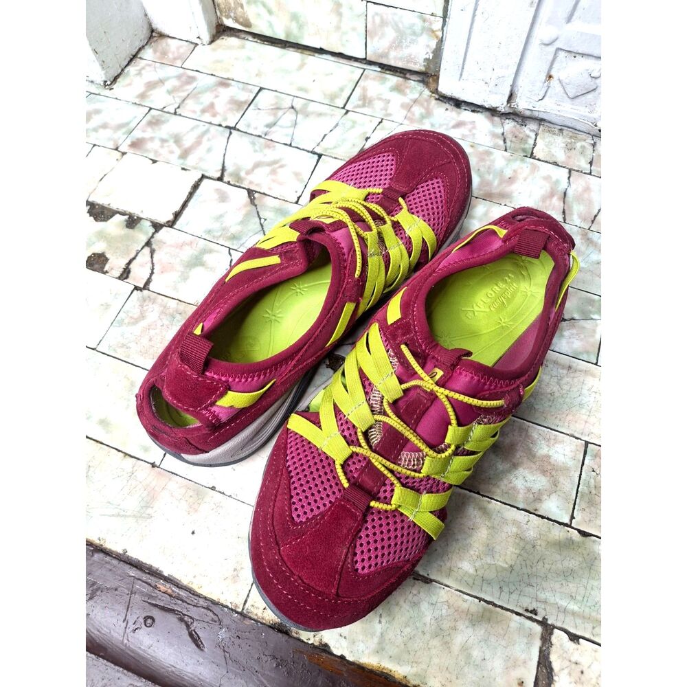 Y2K Gorpcore Trail Hiking Shoes Womens 8.5 Maroon LimeGreen Mesh Cushion Sneaker